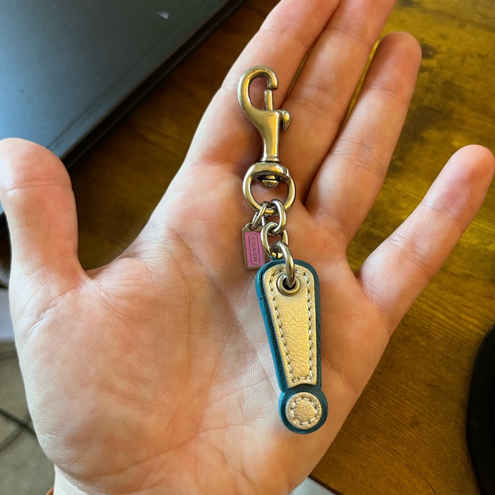 Vintage Y2K Coach Blue and Cream Leather Exclamation Point Key Chain